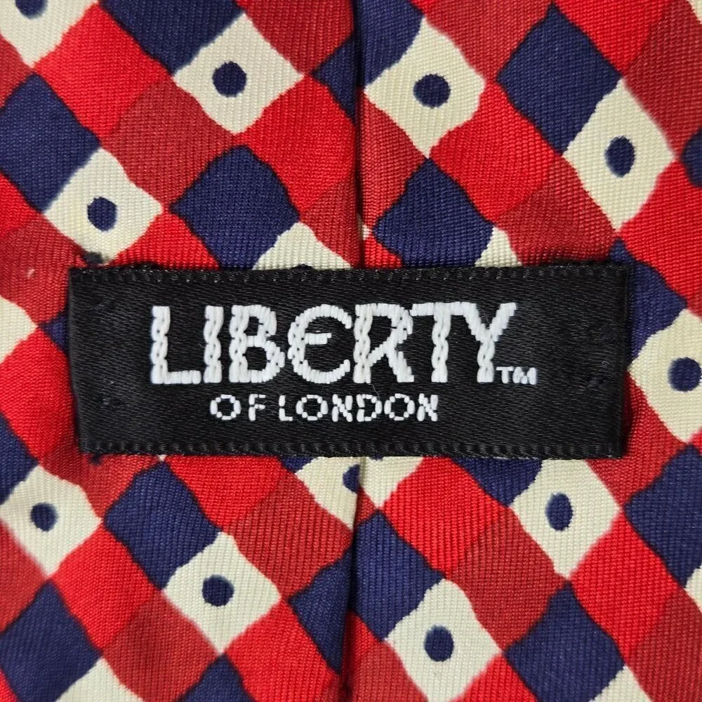 Liberty of London 100% Silk Men's Tie red Blue Cream Diamonds and Polka Dots